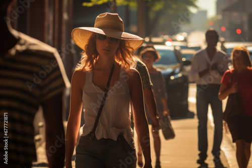 Stylish woman walking on sidewalk during heatwave in city