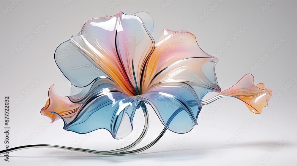  a glass flower sitting on top of a white table next to a gray wall with a light reflection on the bottom of the flower and bottom of the glass flower.  generative ai