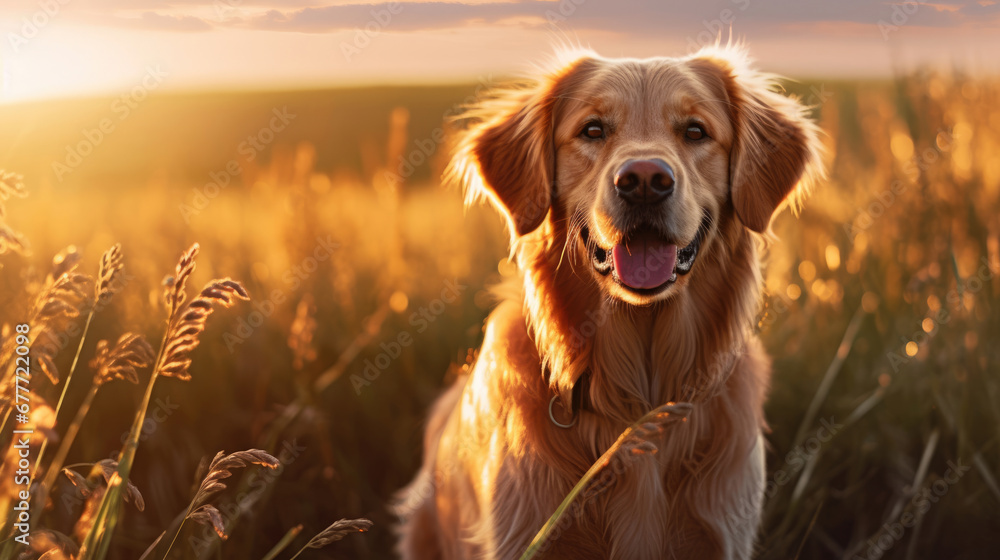 The dog,  bathed in golden sunset light,  playing in a field with the family