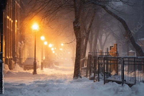 Snowy sidewalk along with illuminated street lights in city