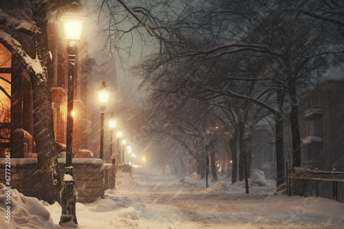 Illuminated street lamps and bare trees in snow storm