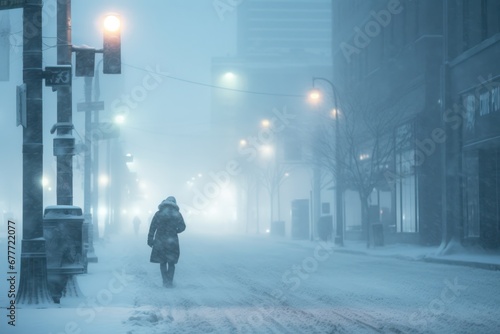 Anonymous person walking on snow covered urban road