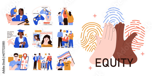 Equity and inclusion set. Diverse people acceptance and accessibility. Social and corporate inclusivity and representation. Tolerance and bias concept. Privilege and allyship. Flat vector illustration