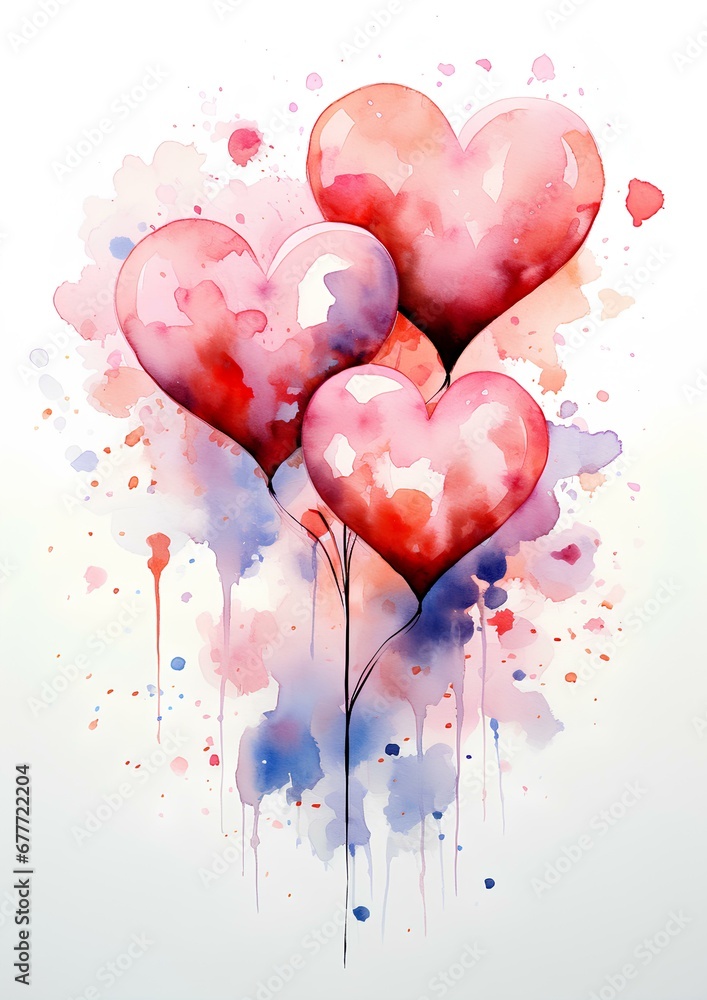 Valentine's Day card design, hearts in random locations, symbol of love, watercolor art style. Generative AI.
