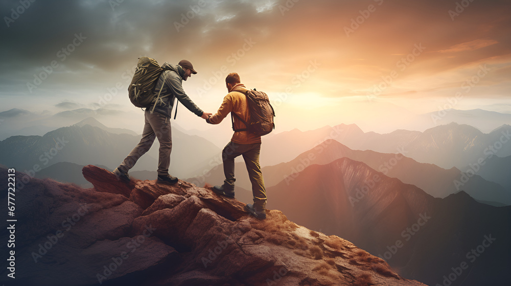 Hiker women , sunset ,Getting a helping hand with two people healping each other to climb on mountain top,AI Generative 