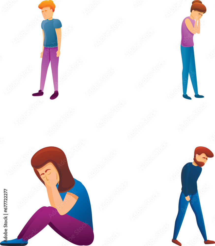 Obraz premium Upset human icons set cartoon vector. Headache, disappointment or shame. Human emotion concept