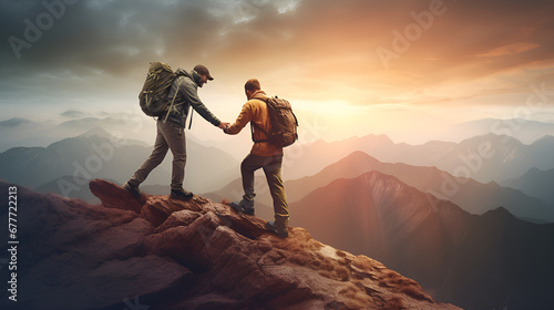 Hiker women , sunset ,Getting a helping hand with two people healping each other to climb on mountain top,AI Generative 