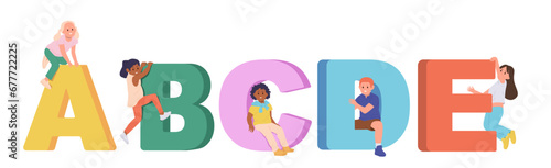 Cute school children cartoon characters climbing and sitting on capital abc letters isolated set