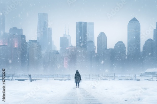 Unrecognizable person with skyscrapers in background in snowstorm