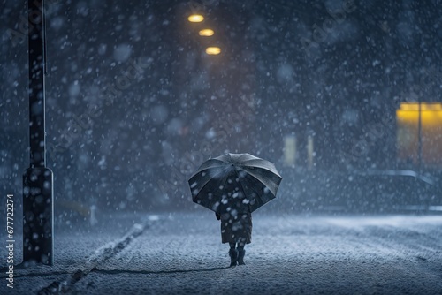 Person with umbrella walking on street during snowfall photo