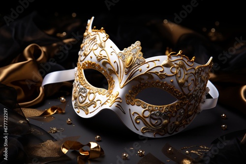 Carnaval white and golden mask on dark background