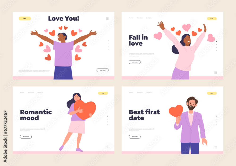 Happy romantic people character, beloved man and woman landing page design template isolated set