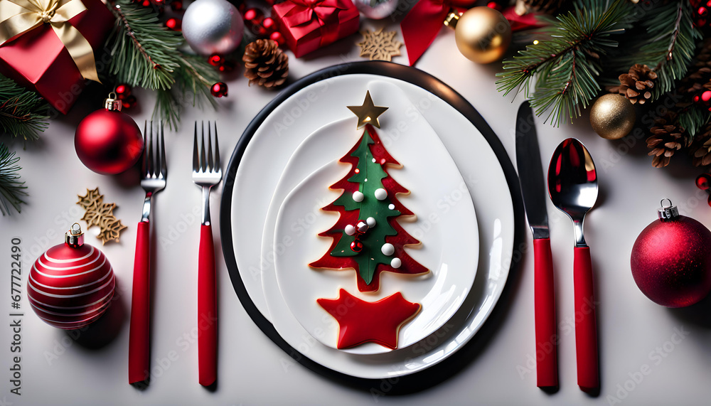 Christmas holiday table setting concept from above Christmas holiday table setting concept from above