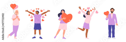 Isolated set of charming people cartoon characters falling in love feeling happiness and amorousness