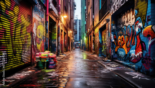 Narrow streets in the city, full of colorful painted murals and graffiti.