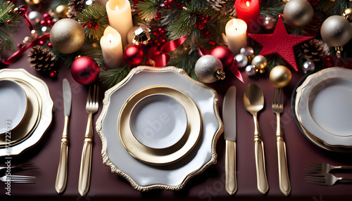 Christmas holiday table setting concept from above