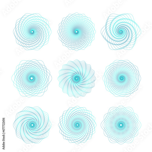 Guilloche money security rosettes set. Geometric round watermarks vector illustration. Circle guilloche elements. Checking reliability on documents