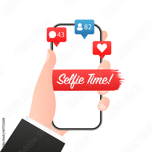 Selfie Time - Hand drawn typography poster. Blank smartphone screen with inscription Selfie time Smartphone screen for your design. Vector illustration