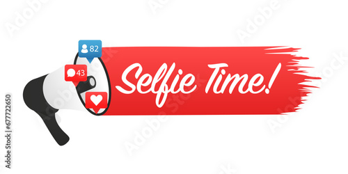 Loudspeaker. Selfie time. Brush hand lettering. Banner for social networks. Vector illustration