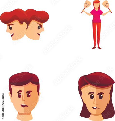 Schizophrenia icons set cartoon vector. Person with mental illness. Depresion, dementia, disease
