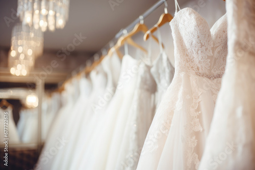 Beautiful elegant luxury bridal dress on hangers. Different wedding dresses hanging on hanger in bridal shop boutique salon. Closeup