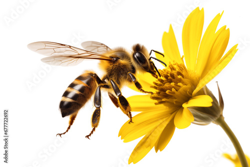 A flying honey bee flying to a yellow flower on a white or transparent background cutout. Bee on a flower. Macro side close-up view. macro. bee yellow flower png. photo