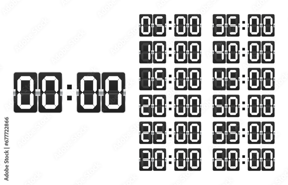 Naklejka premium Countdown clock counter timer. Vector icon on white background. Collection of mechanical flip countdown numbers.Timer, scoreboard. Flip board with black numbers in retro style. Vector illustration