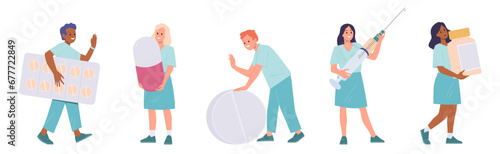 Isolated set of medical staff, pharmacy worker diverse cartoon characters holding pills and syringe