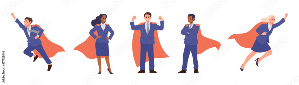 Isolated set of business people superhero cartoon characters wearing red capes on white background