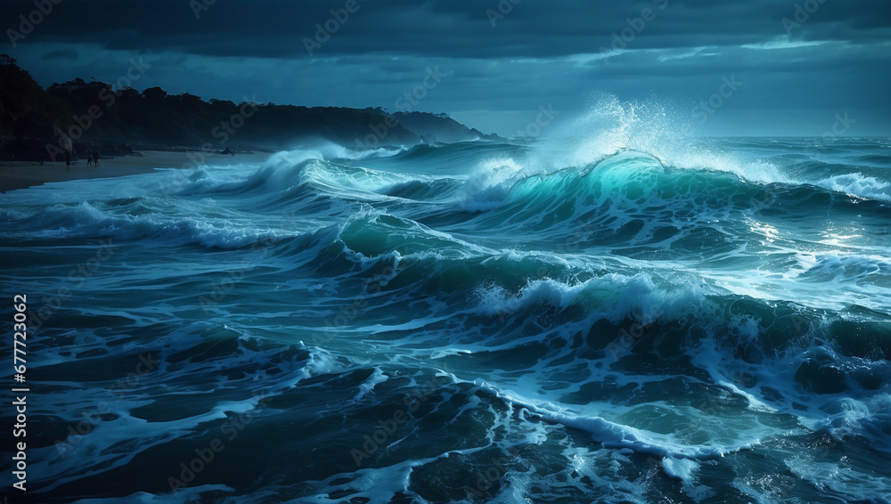 The luminous blue ocean waves from small microorganisms make a natural blue neon light at night The luminous blue ocean waves from small microorganisms make a natural blue neon light at night