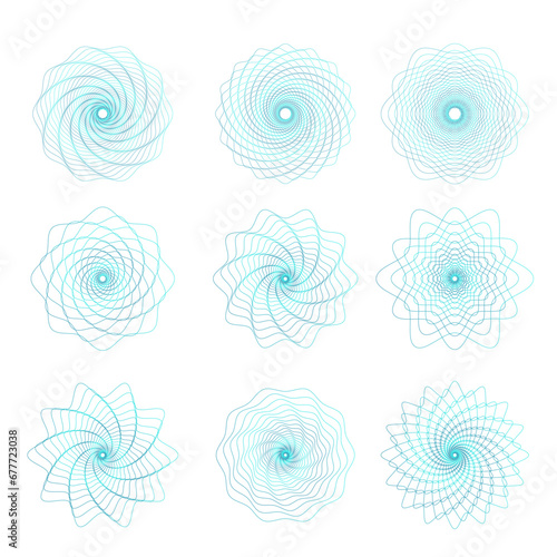 Guilloche money security watermarks set, geometric round rosettes. Geometric circular swirl watermarks vector illustration collection. Round guilloche elements. Checking reliability on documents
