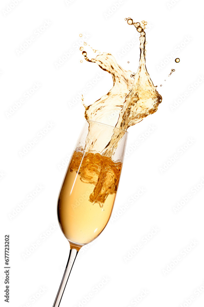 Splashes of champagne from a glass of celebration sparkling wine - obrazy, fototapety, plakaty 