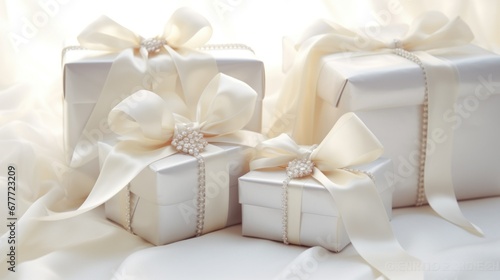 Luxury Jewelry gift boxes on white pastel background. White Gift box with diamonds and pearls. Wedding, valentines, romantic web banner.