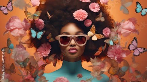 Surreal fashion spring portrait of a beautiful black African American woman with butterflies and flowers in her hair. Stylish woman with flowers and butterflies around her head, beauty and make-up