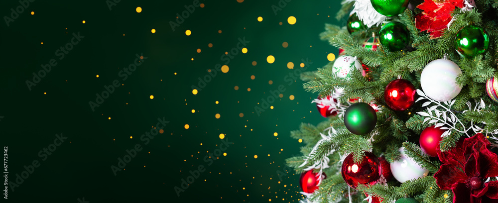 Christmas tree with ornaments, balls and lights on dark green background. Christmas tree with ornaments, balls and lights on dark green background.