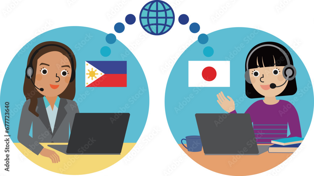 オンラインで日本人女子生徒とフィリピン人女性講師が会話をしているイラスト オンラインで日本人女子生徒とフィリピン人女性講師が会話をしているイラスト