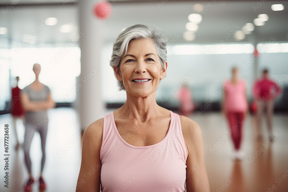 A mature beautiful woman standing in a yoga gym. 