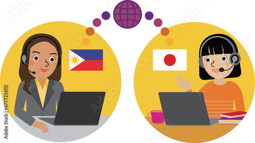 オンラインで日本人女子生徒とフィリピン人女性講師が会話をしているイラスト
