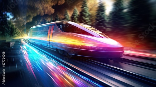  a high speed train traveling through a forest at night with bright lights on the side of the train and trees on the other side of the track, with a blurry background.  generative ai © Nadia