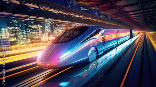  a high speed bullet train traveling through a city at night with bright lights on the side of the train and in the foreground is a cityscape with skyscrapers in the background. generative ai