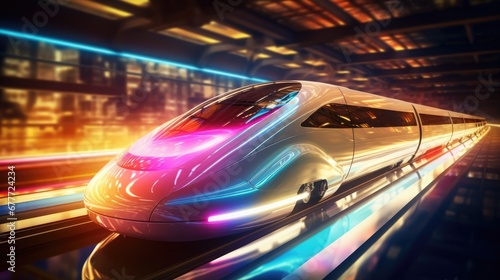  a high speed bullet train speeding through a city at night with colorful lights on the side of the train and a blurry image of the front of the front of the train. generative ai