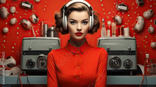  a woman wearing headphones standing in front of a stove with a red wall behind her and lots of objects on top of the stove and a red wall behind her. generative ai