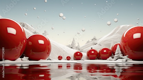  a group of red balls floating on top of a body of water next to a snow covered mountain covered in white and red snow covered trees and snow covered in drops.  generative ai photo