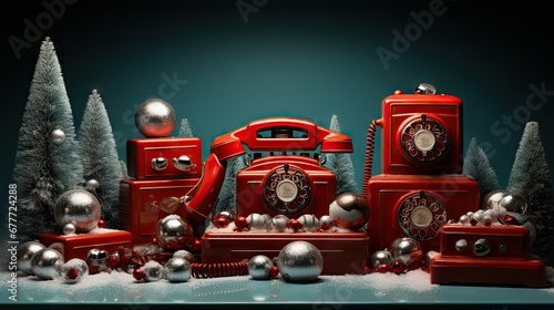  a group of red telephones sitting next to each other in front of a christmas display of silver and silver balls and ornaments on a table top of snow covered with trees.  generative ai photo