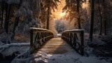  a wooden bridge in the middle of a forest with snow on the ground and trees on either side of the bridge and the sun shining through the trees on the other side of the bridge.  generative ai