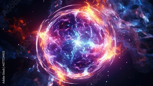  an image of a ball of fire and ice in the middle of a space filled with blue and orange smoke and stars, with a black background of blue and red.  generative ai
