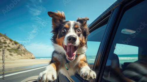 The dog leaping out of the car with excitement upon reaching a beautiful beach © basketman23