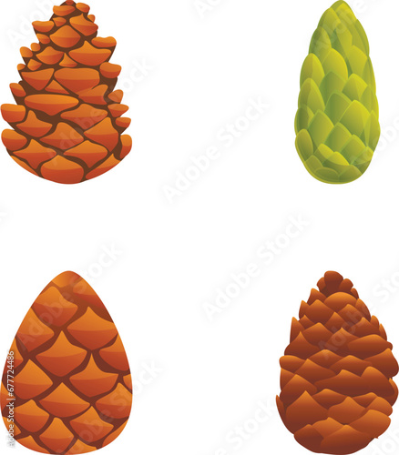 Conifer cone icons set cartoon vector. Various coniferous tree cone. Plant seed, nature, environment