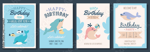 Kids birthday cards with cute dolphins. Childish holiday invitational greeting banners, funny cute marine animals, underwater nature, cartoon flat isolated fish illustration, tidy vector set