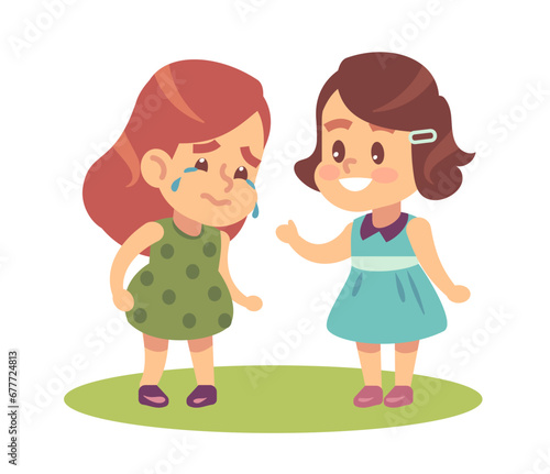 Little girl comforts her crying friend. Unhappy sad child  people empathy  help and support. Schoolgirl friendship. Children emotions and behavior. Cartoon flat isolated vector concept